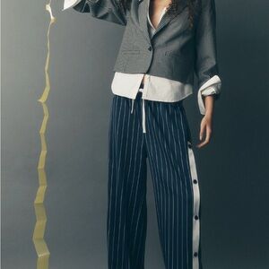 Steve Madden Beckham Striped Navy Wide-Leg Track Pants drawstring snap side